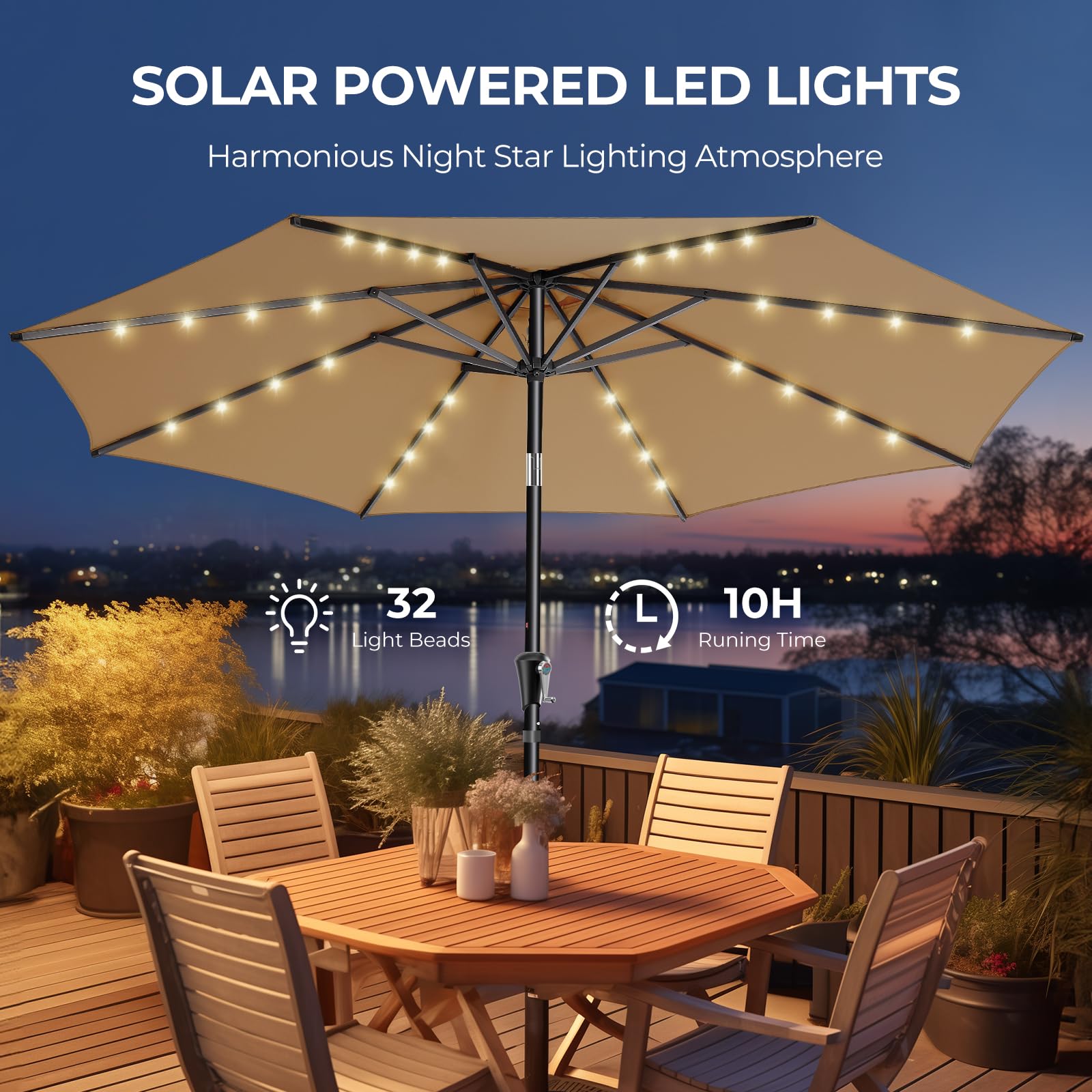 HOMSHADE 9ft umbrella with LED lights on delivers ambient evening lighting
