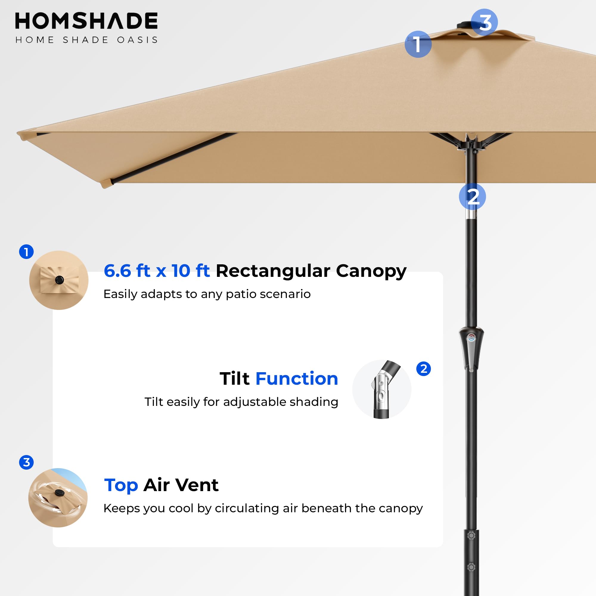 HOMSHADE poolside dining setup under a large rectangular canopy.