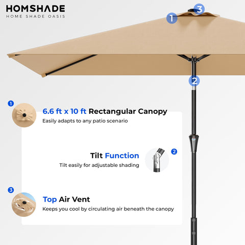 HOMSHADE poolside dining setup under a large rectangular canopy.
