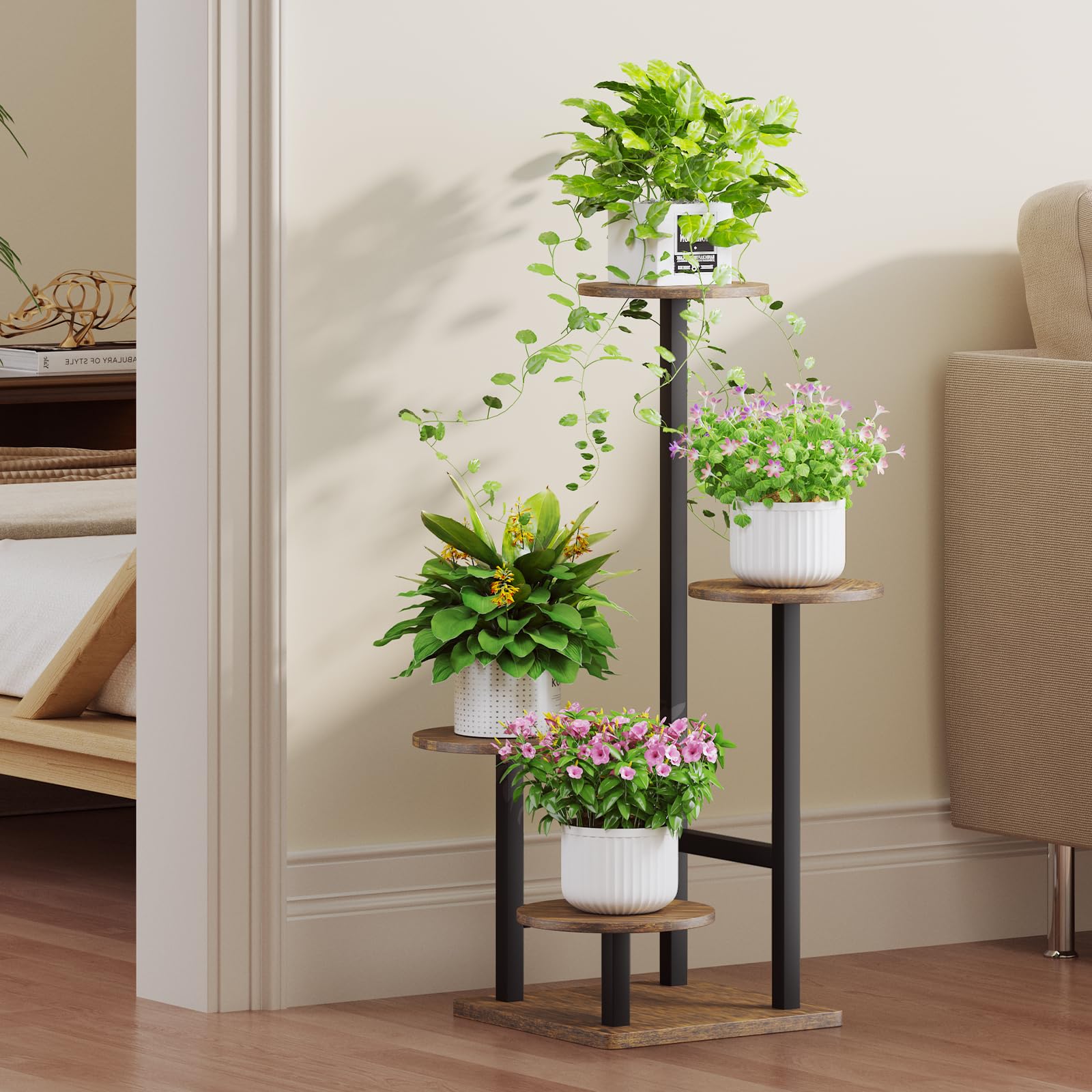 Homsorout four-tier shelf showcases diverse plants in compact living spaces