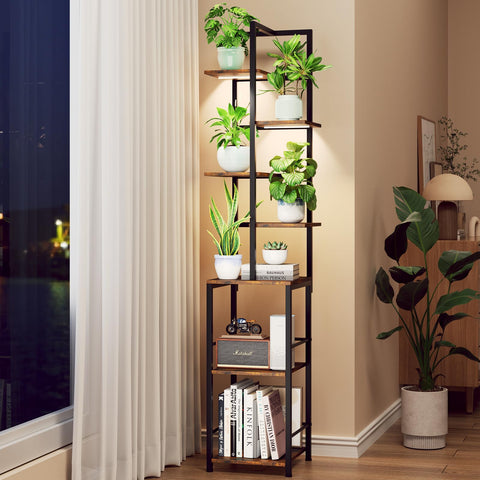 Homsorout plant stand with grow-light top tier for indoor gardening.