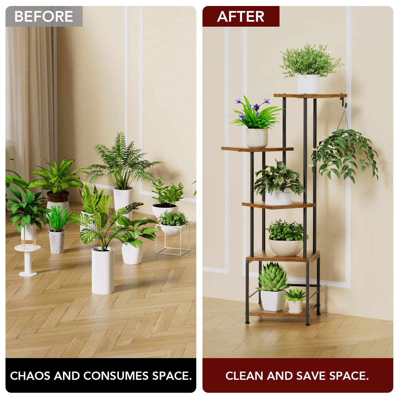 Homsorout plant stand hanging basket hook adds vertical storage.