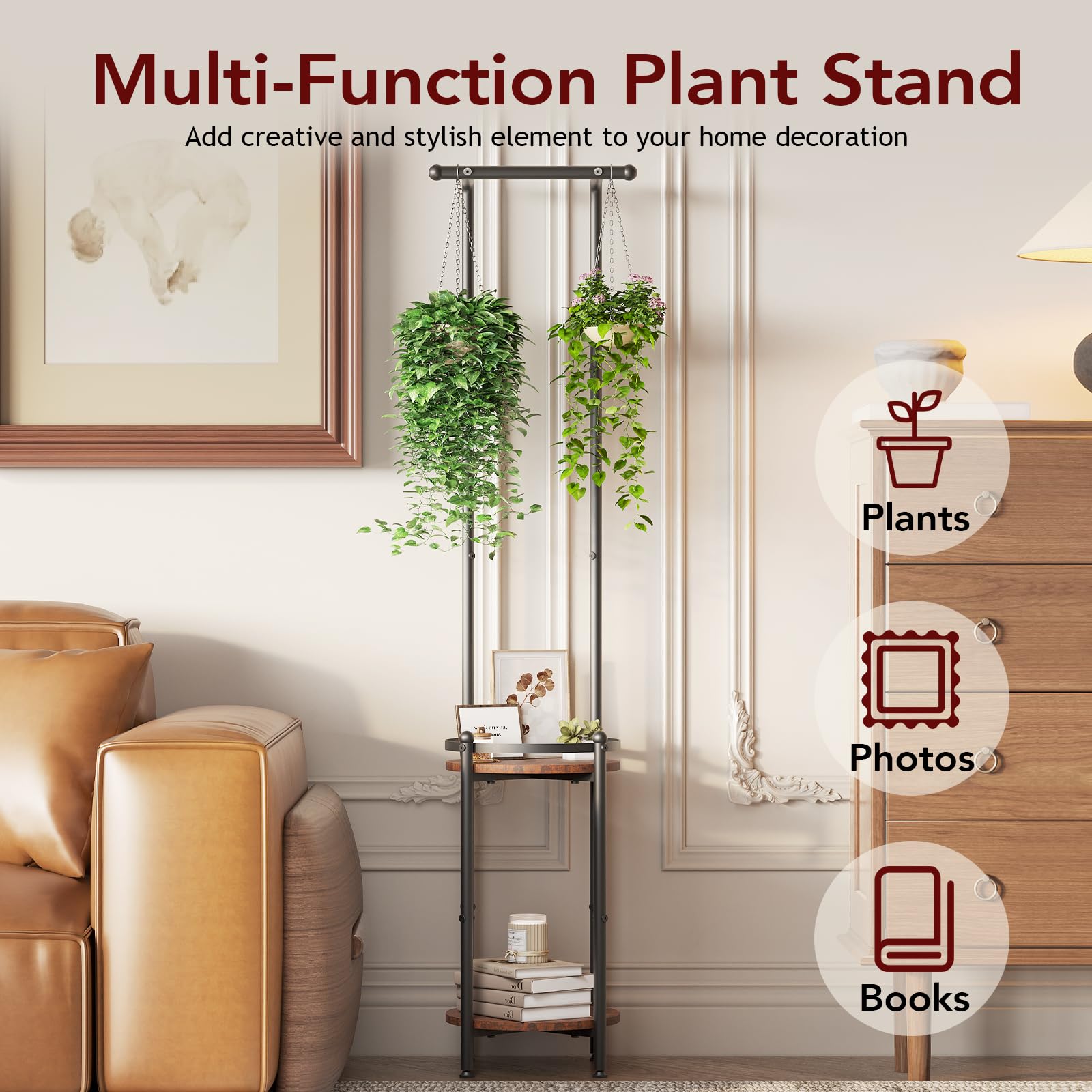 Homsorout plant stand in living room display with greens.
