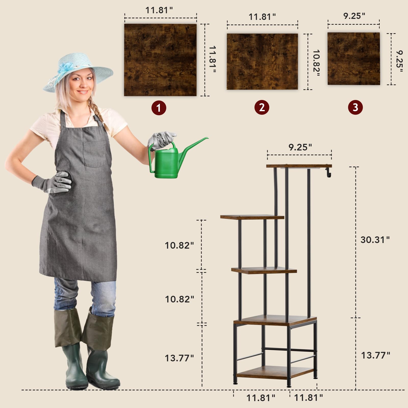 Homsorout plant stand side view shows sturdy metal frame and walnut shelves.