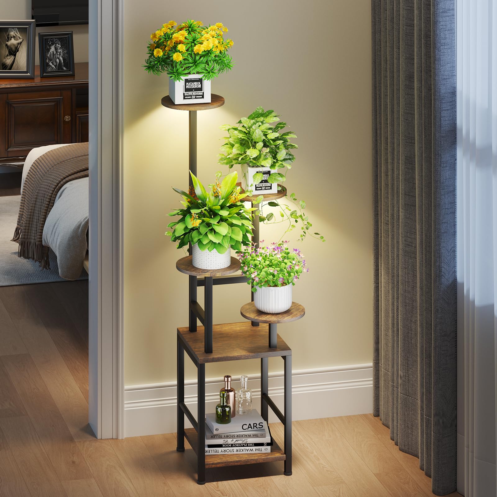 Homsorout round plant stand with grow light top tier for thriving indoor plants