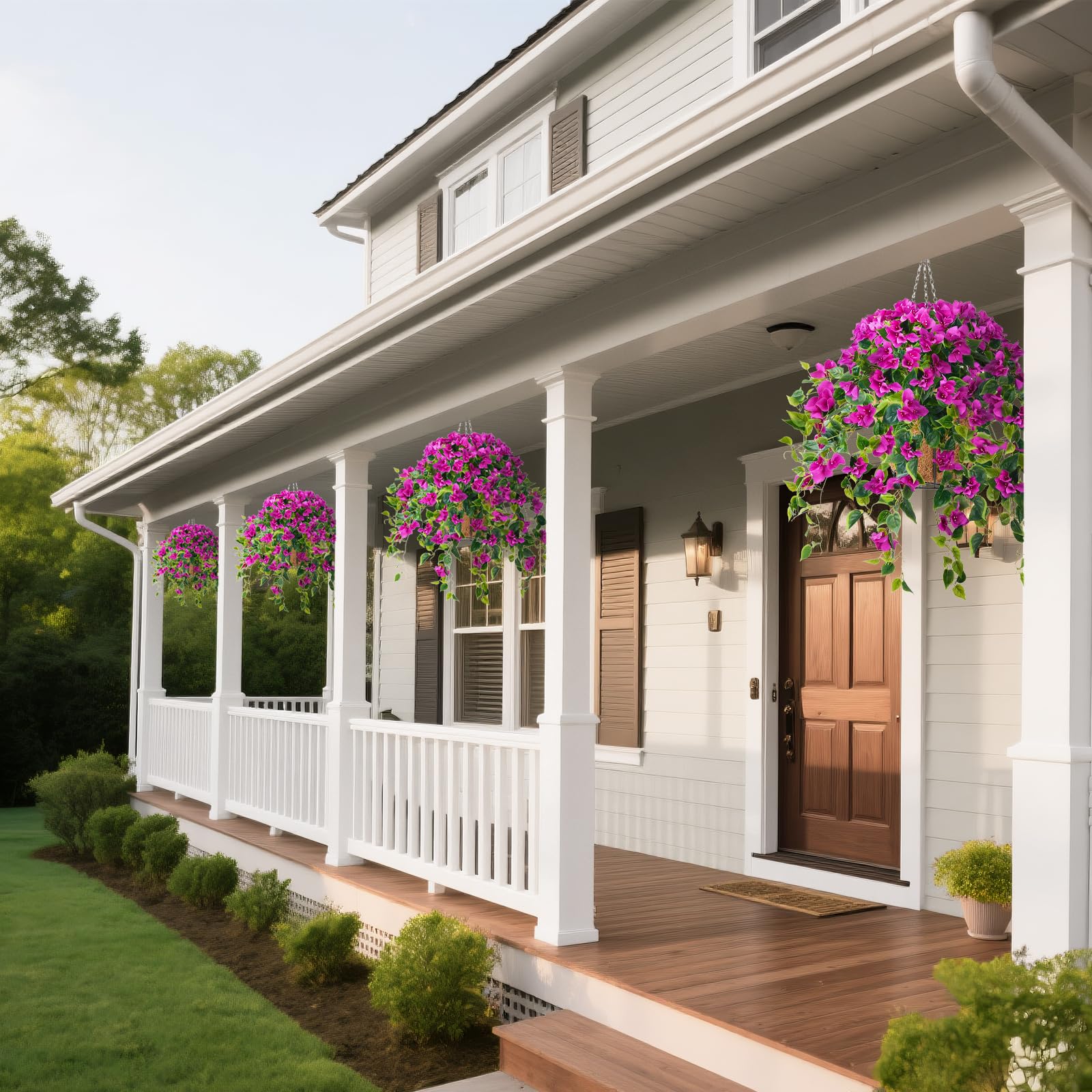 Homsunny easy-assemble hanging basket with four silk bougainvillea stems.