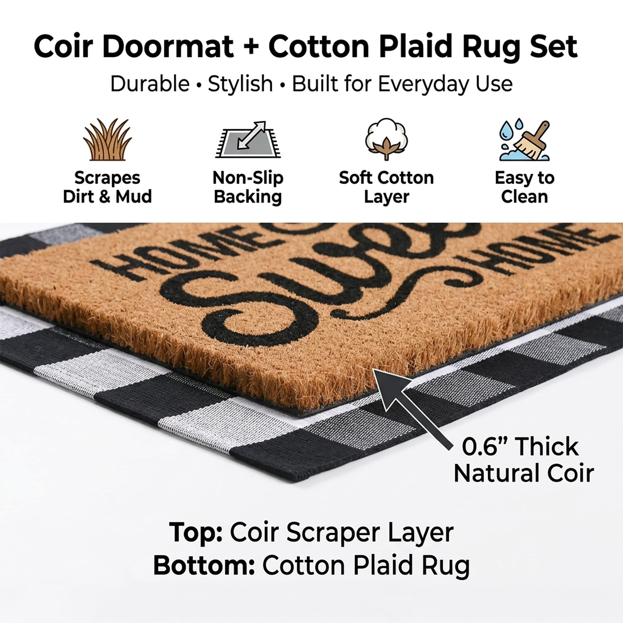 Homydecor layered doormat set on porch creates a timeless farmhouse welcome.