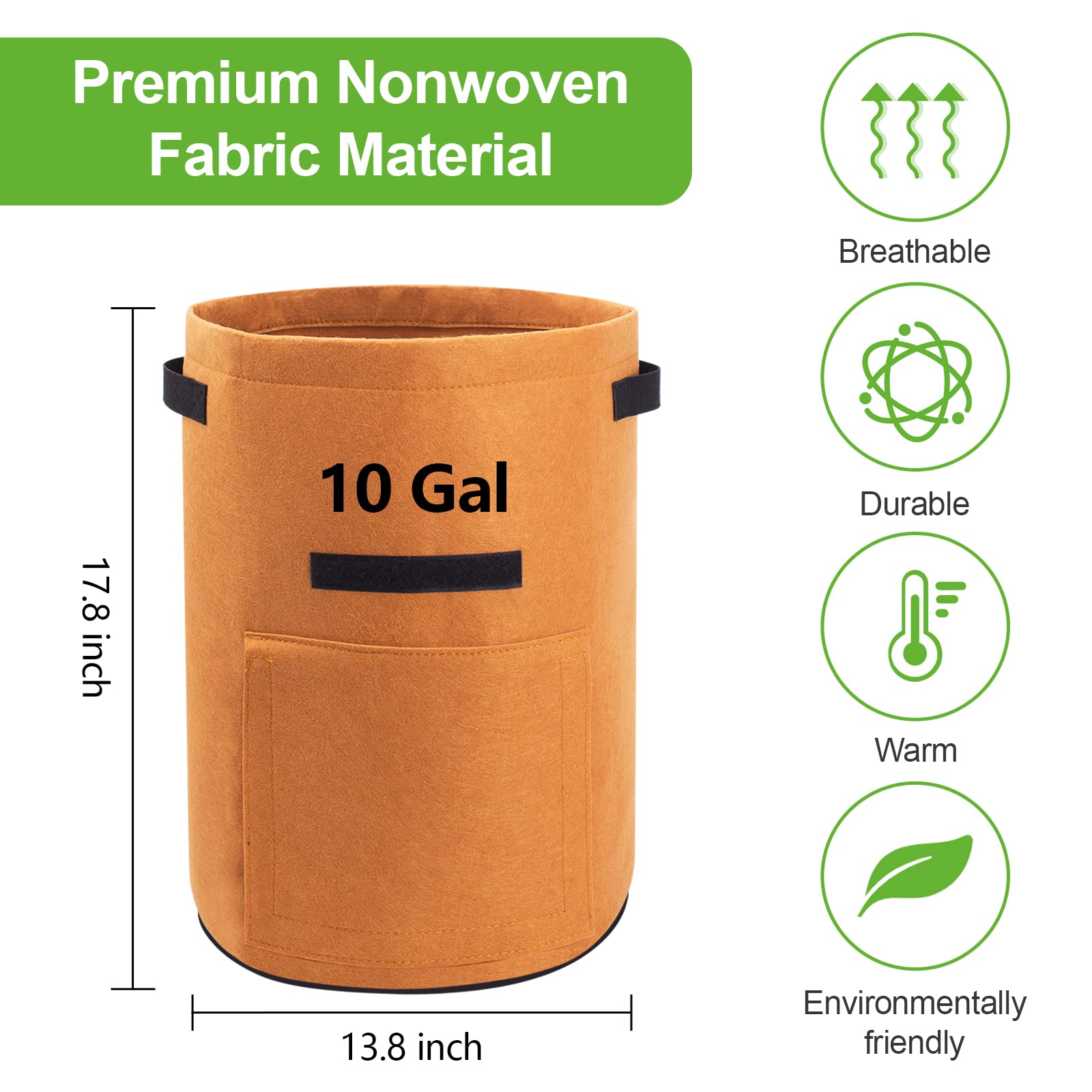 Homyhoo 10 gallon capacity bag supports potatoes and larger vegetable crops.