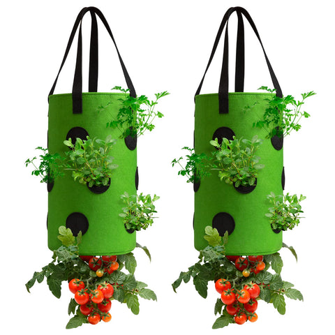 Homyhoo upside-down tomato planter bag hanging on a deck for space-saving gardening.