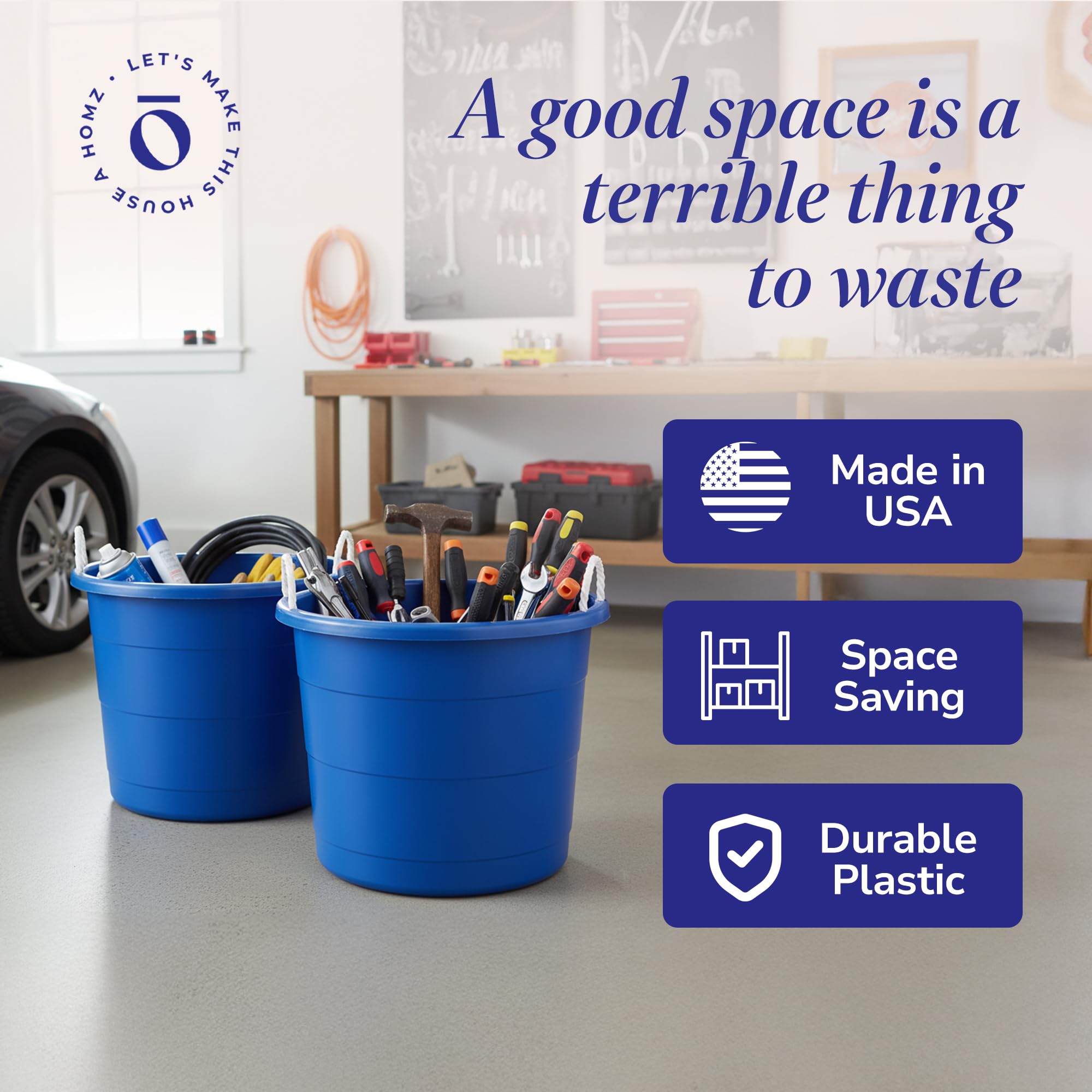 HOMZ garage organization bucket keeps tools and supplies neatly stored