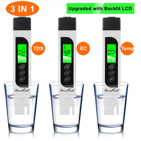 HoneForest TDS Meter backlit display for clear readings in low light.