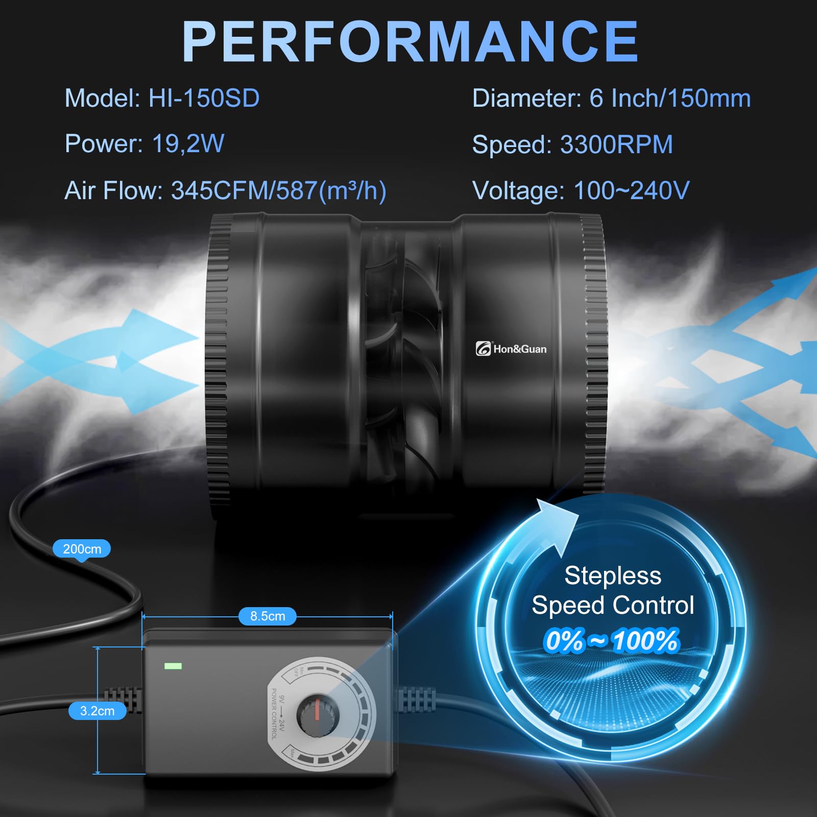 Hon&Guan 6-Inch inline booster fan duct connection detail illustrating duct compatibility.