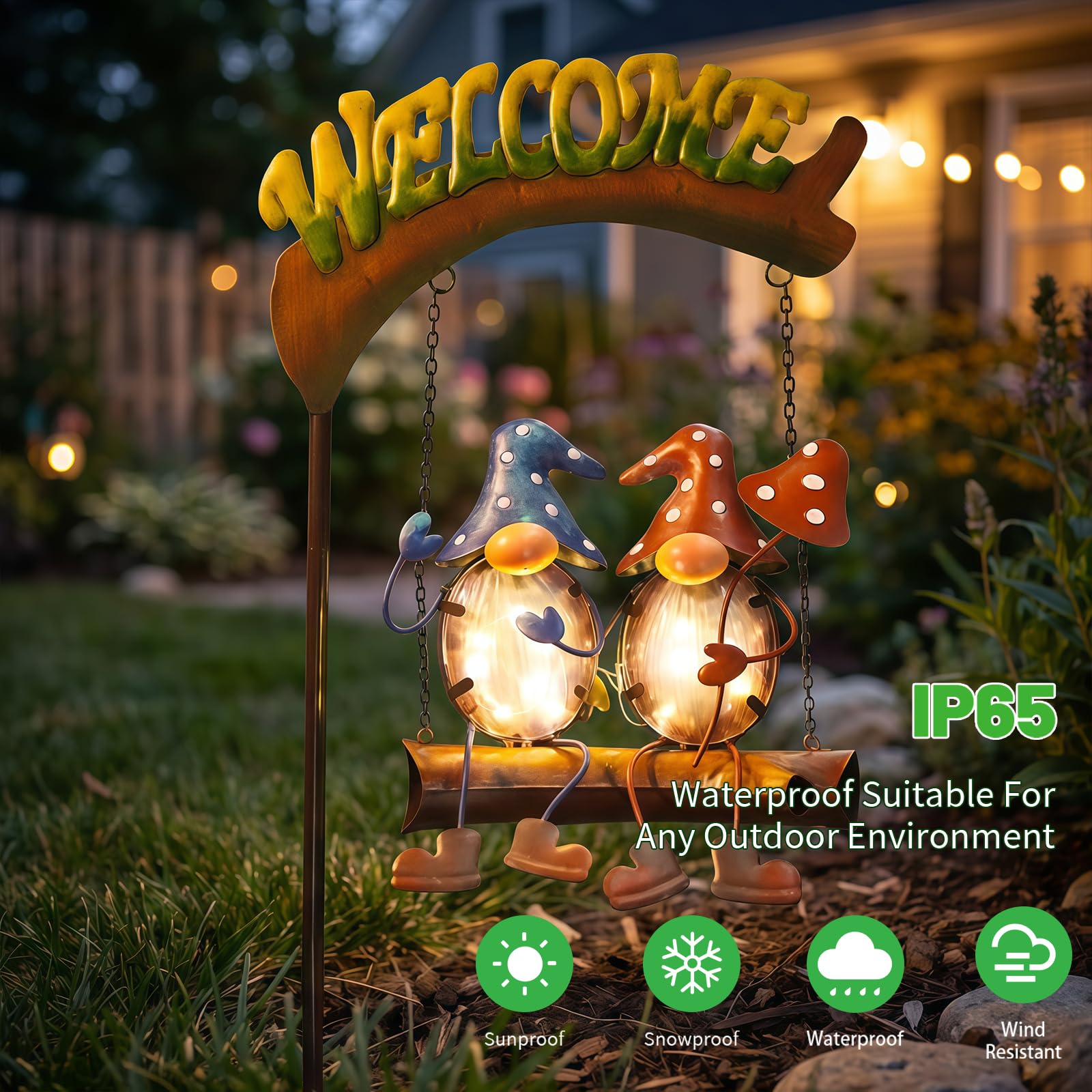 HONGLAND gnome stake light adds charm to patios and lawns at night.