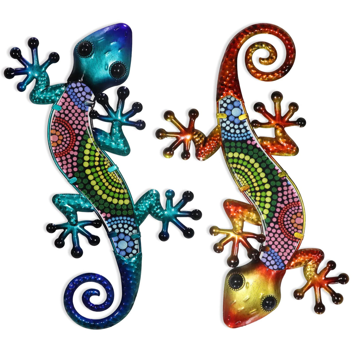 HONGLAND metal gecko wall art two-pack brightens outdoor walls with colorful finish.