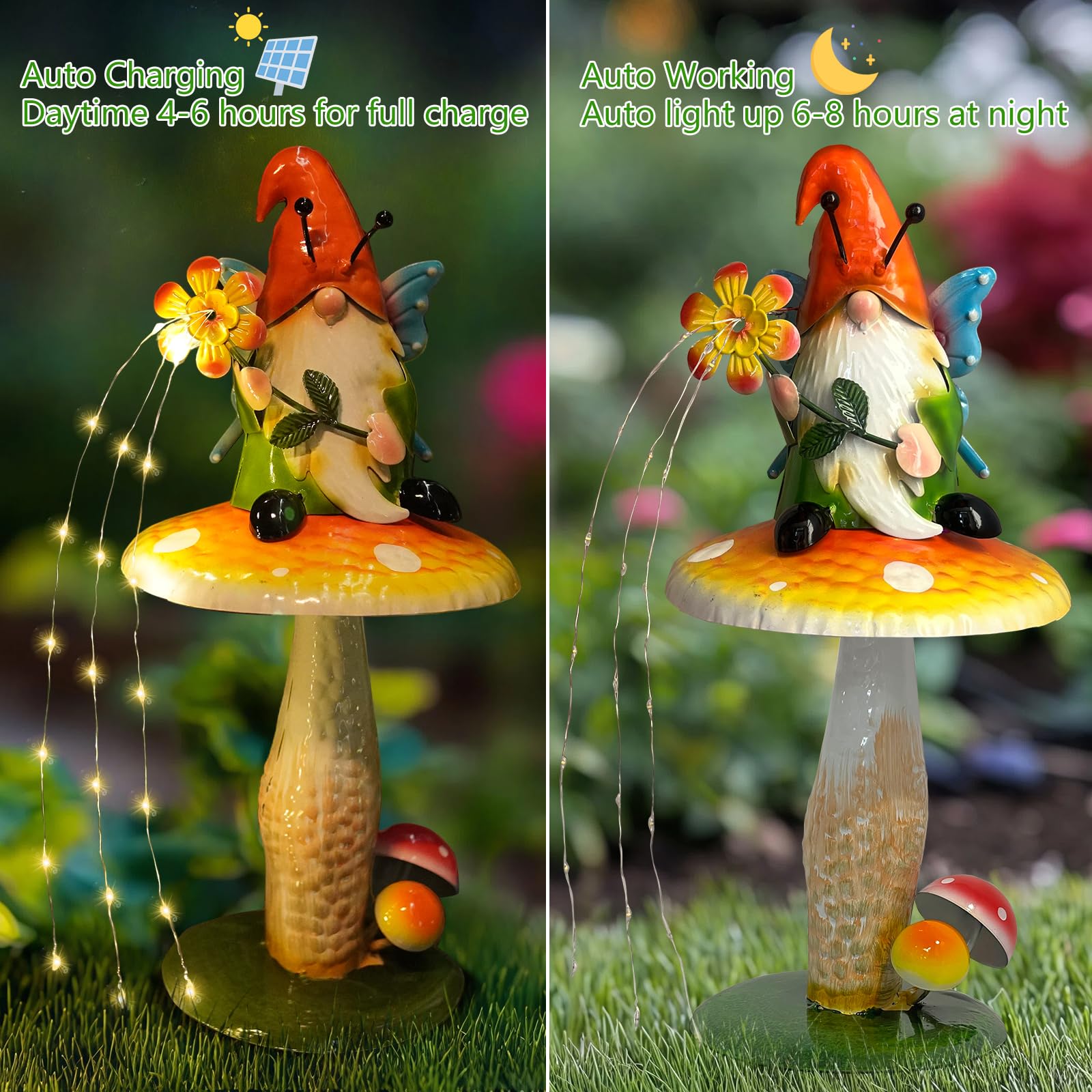 HONGLAND gnome on mushroom for porch display and walkway accents, weatherproof.