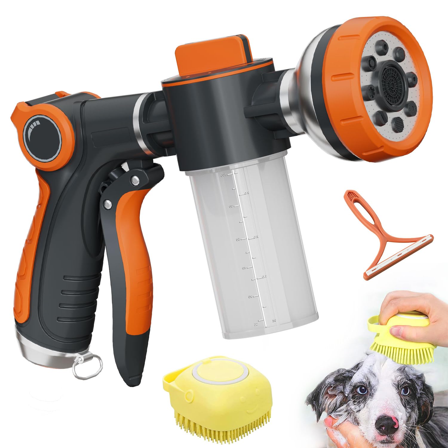 Hongmai garden hose nozzle showing eight spray patterns for versatile cleaning tasks