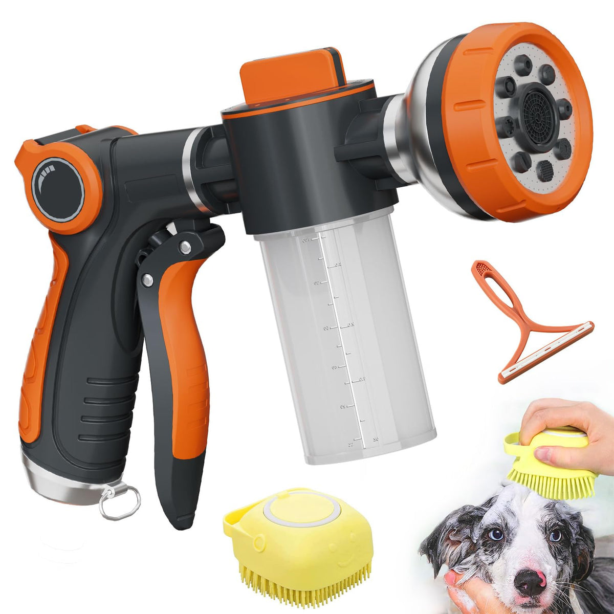 Hongmai garden hose nozzle showing eight spray patterns for versatile cleaning tasks