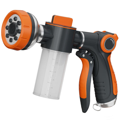 Hongmai garden hose nozzle with eight-pattern spray for versatile cleaning.