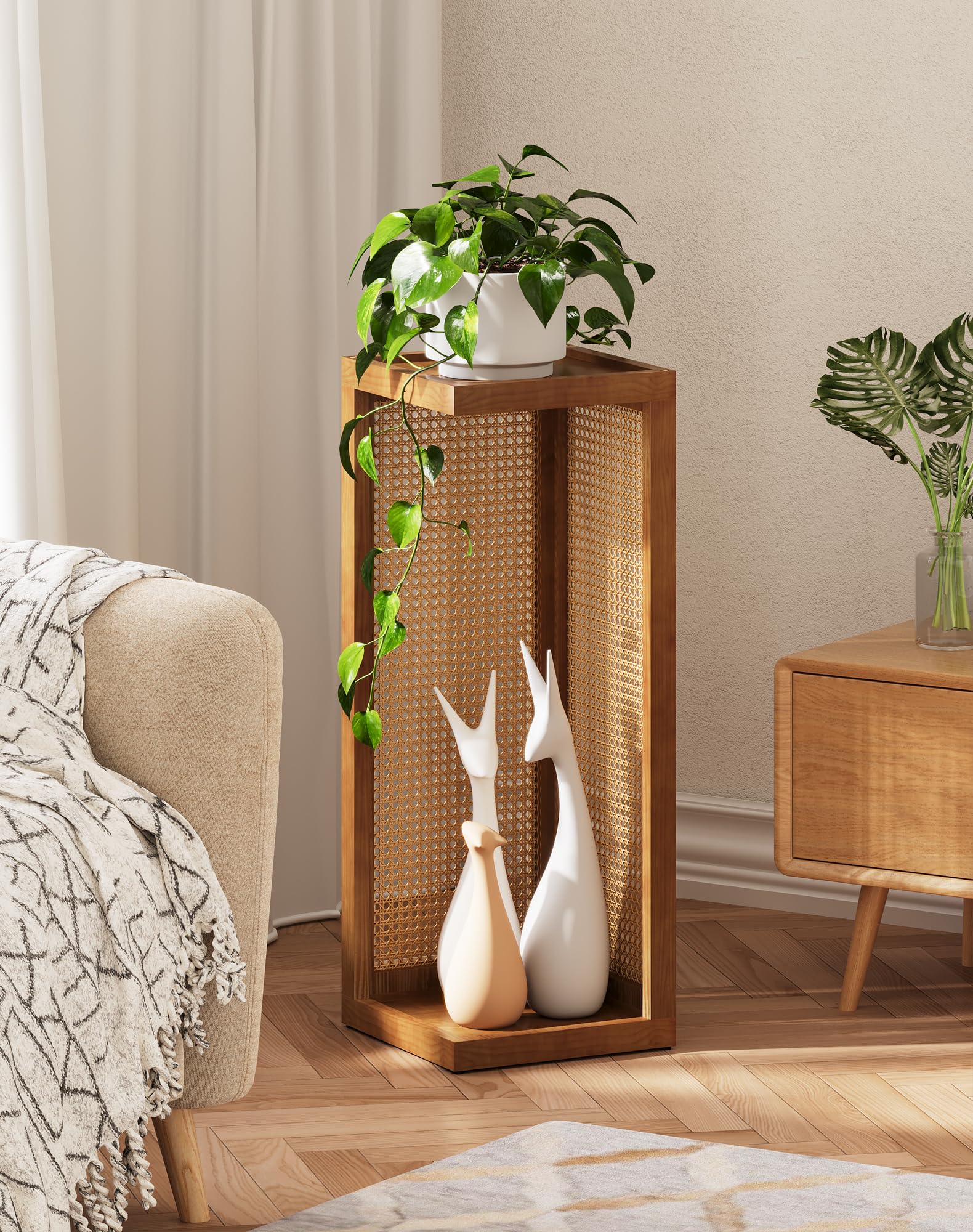 Hongsane plant stand 2-tier rattan display for living room decor.