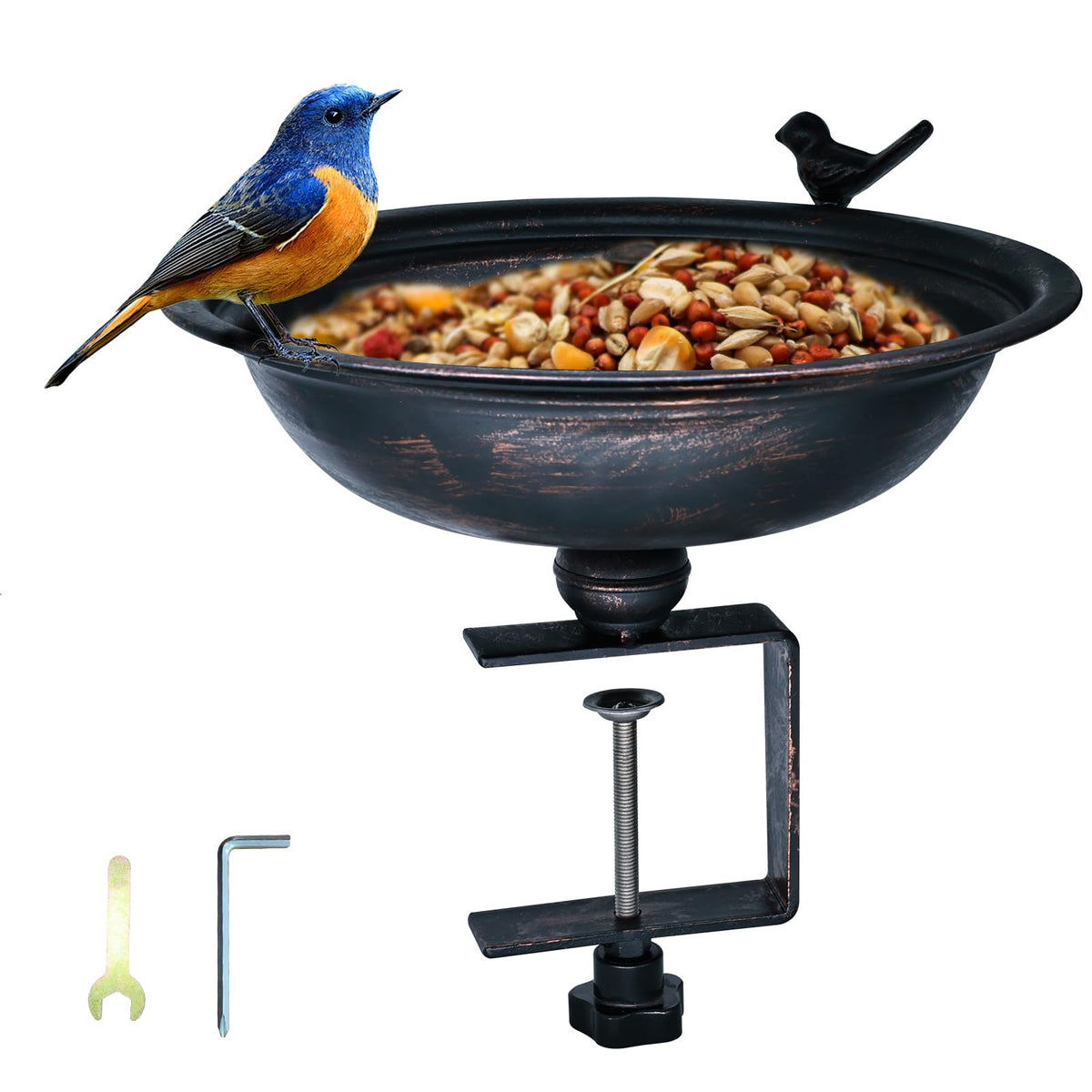 Hongshifu 12-inch metal bird bath on deck with bronze finish, inviting birds to bathe.