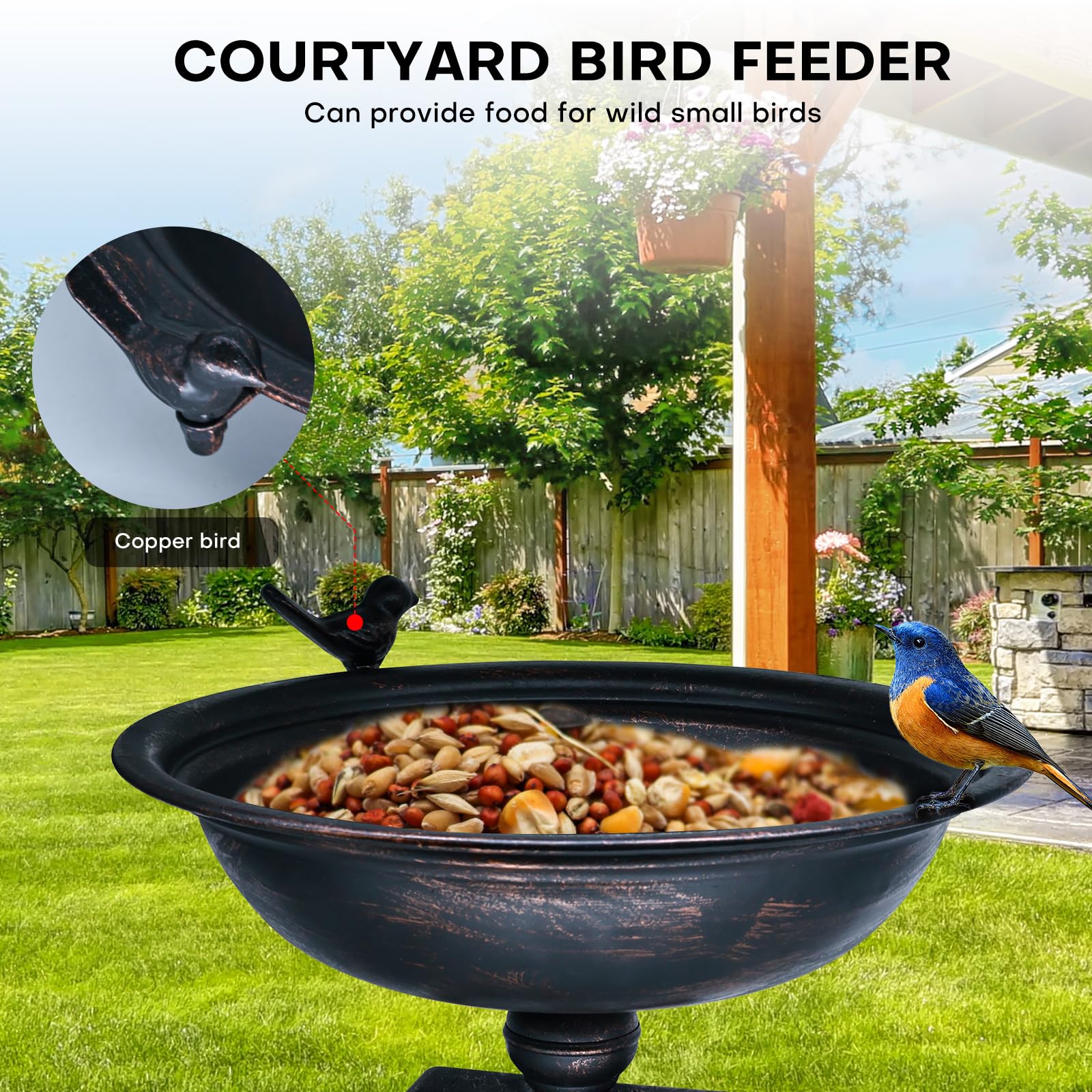 Hongshifu bronze deck-mounted bird bath visible from balcony with wildlife appeal.