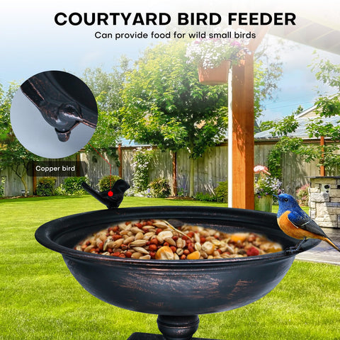 Hongshifu bronze deck-mounted bird bath visible from balcony with wildlife appeal.