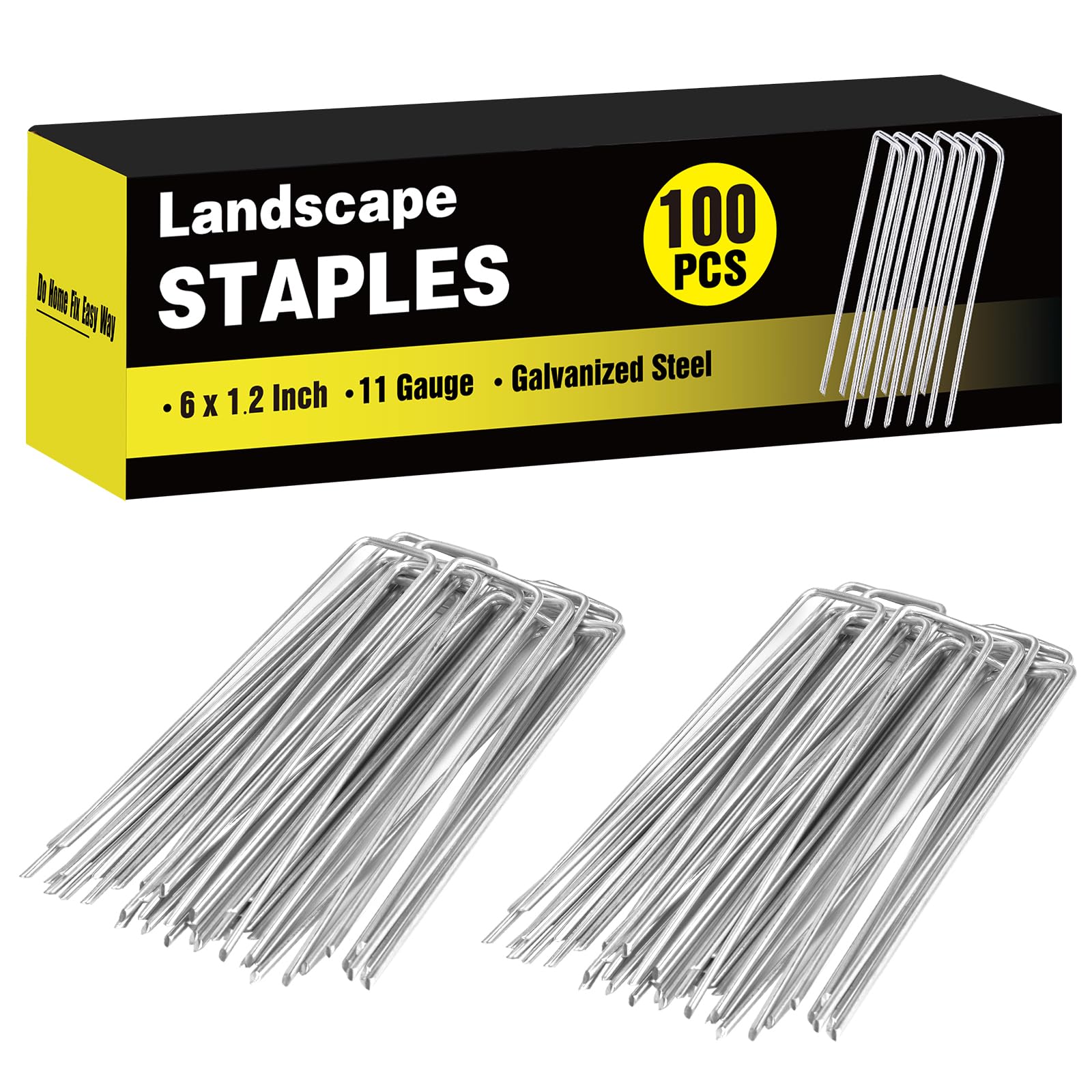 HongWay 6-inch landscape staples securing landscape fabric for a taut ground cover.