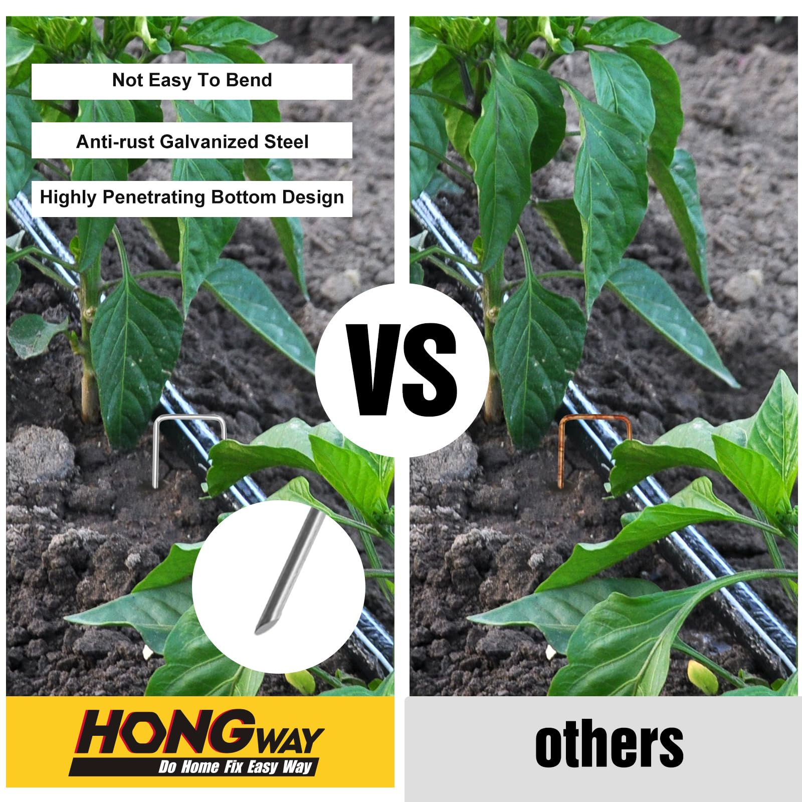 HongWay U-shaped garden stakes with beveled end for easy soil penetration.