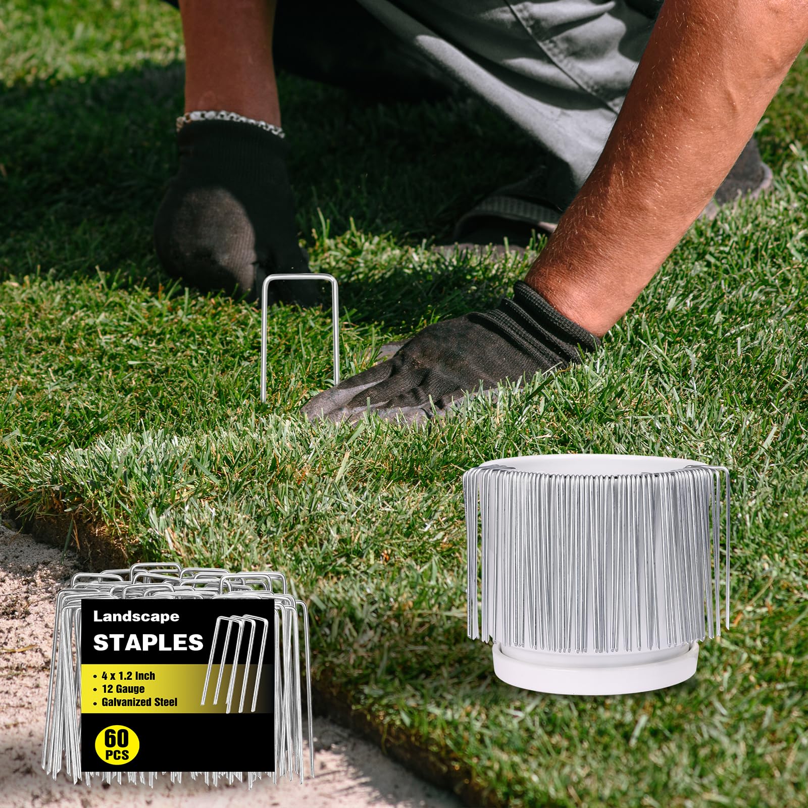HongWay U-shaped ground stakes driven into soil for lawn use