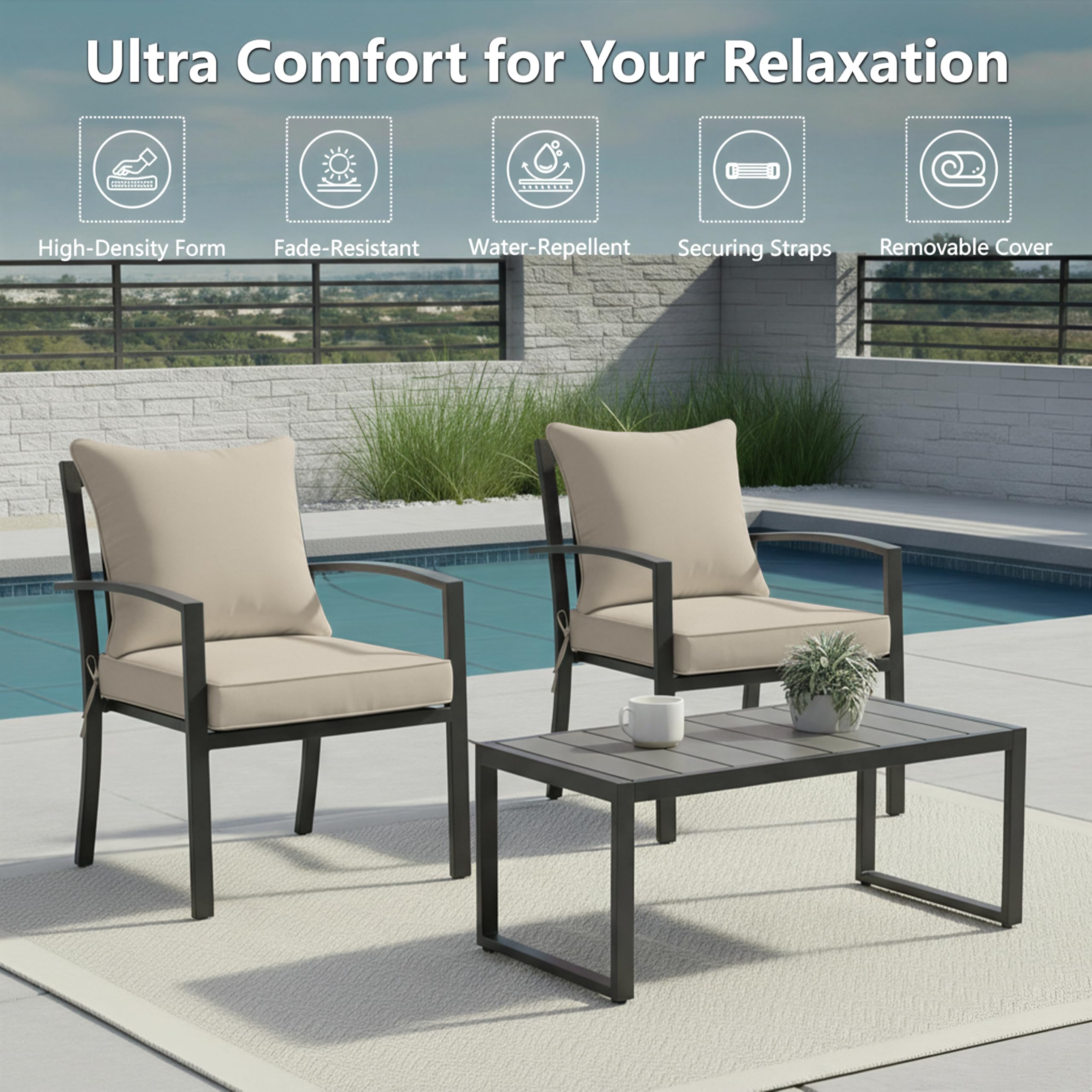 Removable cover demonstrates water-repellent fabric keeping cushions drier outdoors.
