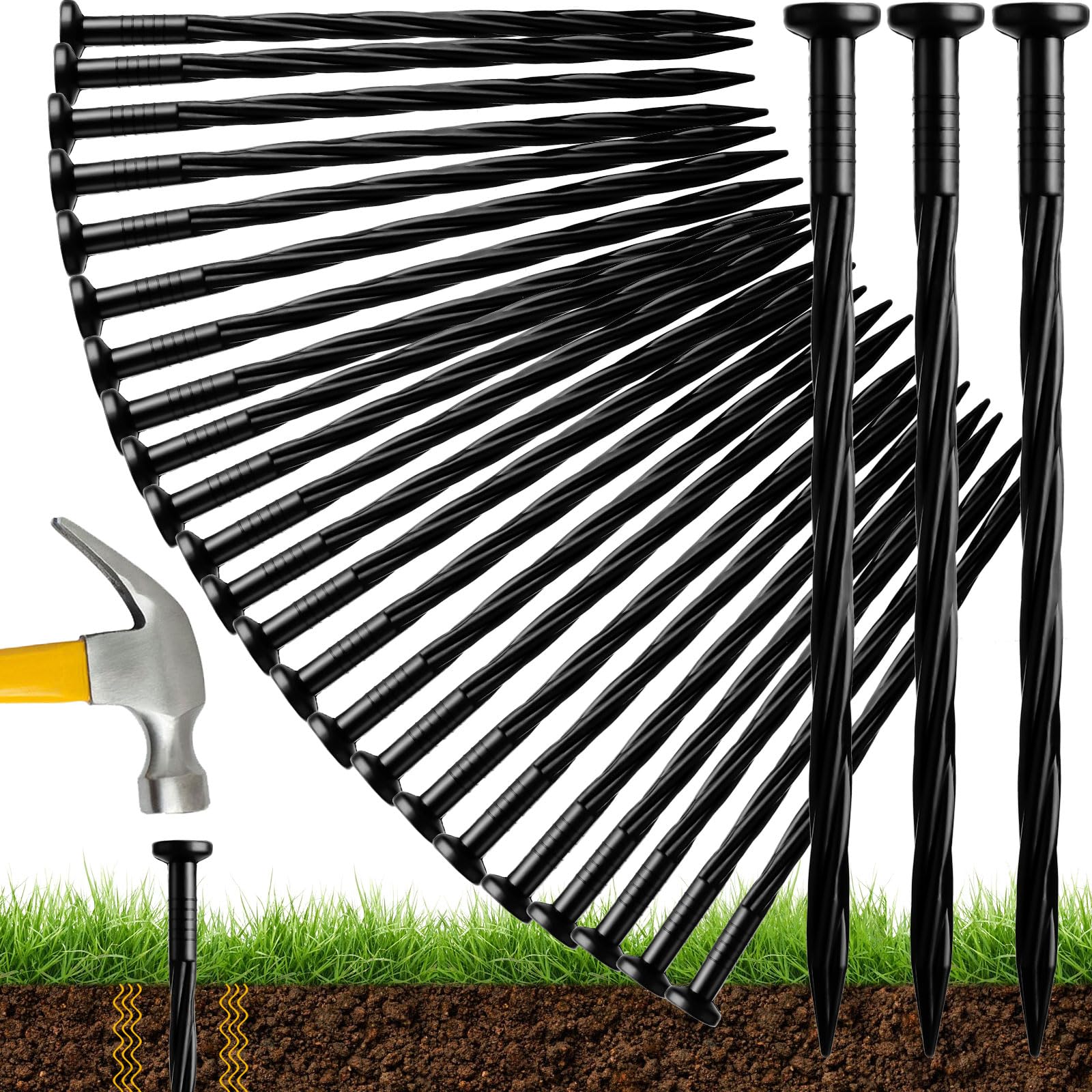 Honoson landscaping spikes 100-pack ground stakes for durable lawn edging and weed barrier support.