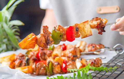 HONSHEN 8inch skewers for kebabs, shrimp, and vegetables on the grill.