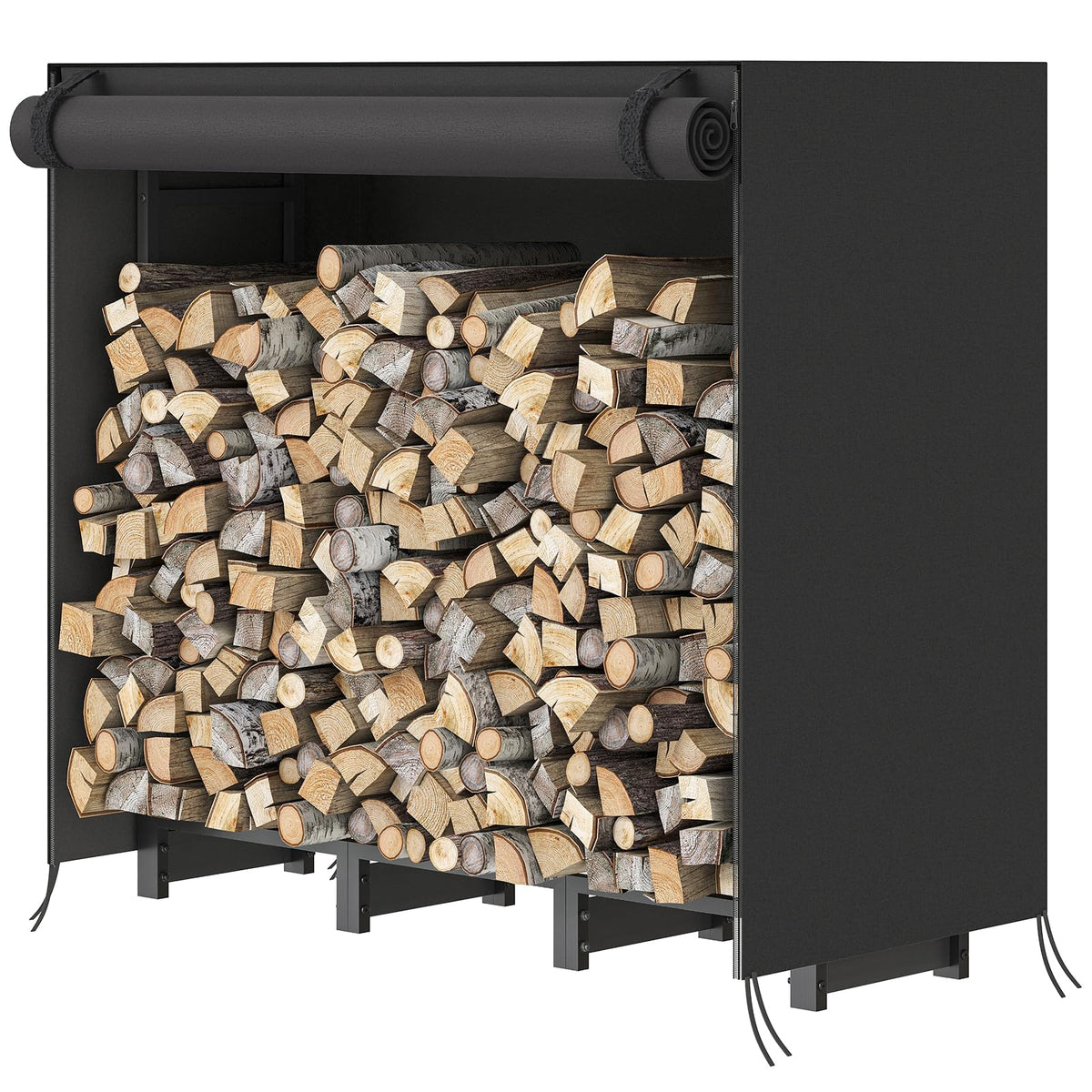 HOOBRO 4ft firewood rack front view with cover keeps wood organized and dry
