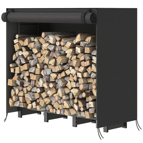 HOOBRO 4ft firewood rack front view with cover keeps wood organized and dry