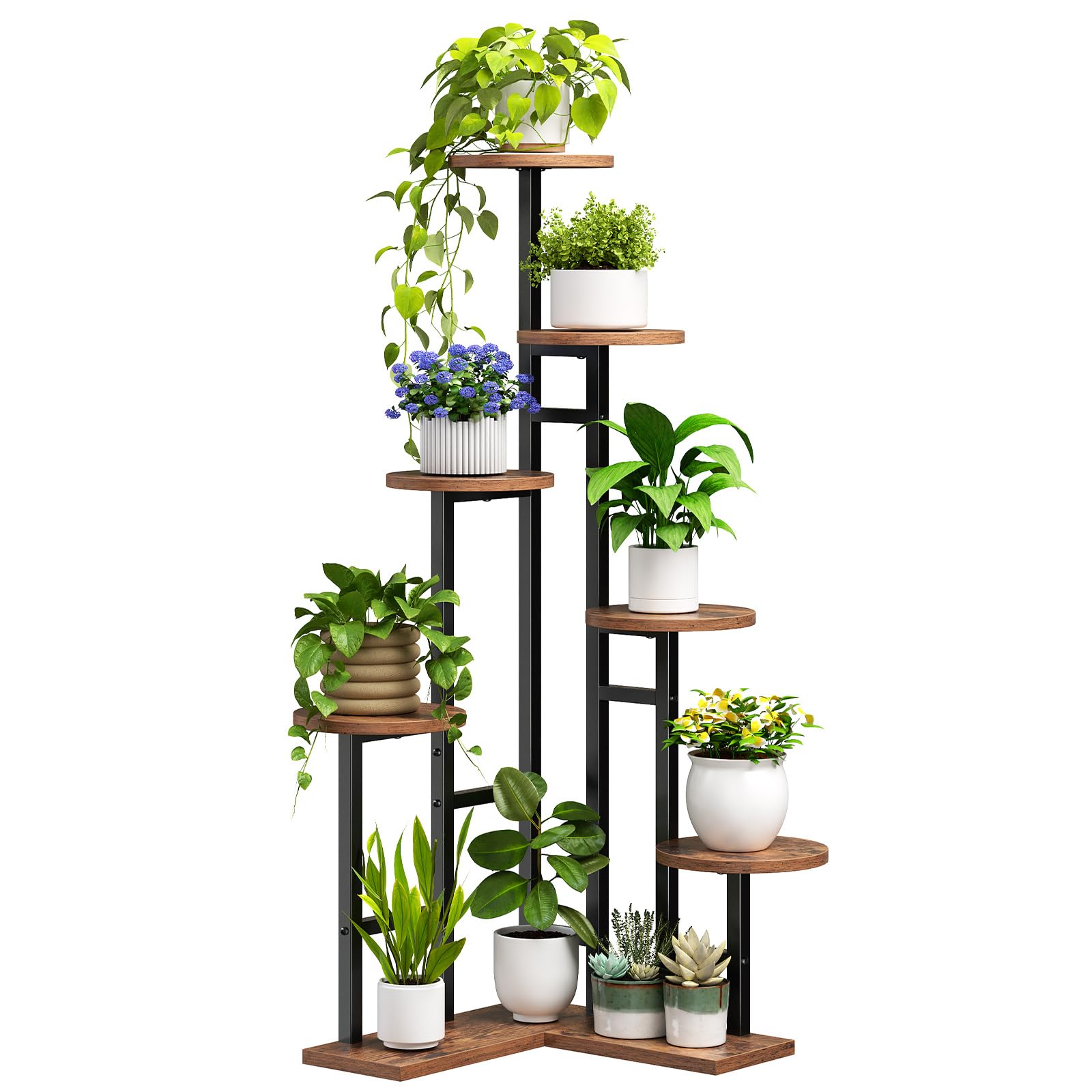 HOOBRO corner plant stand 7-tier angle view showcasing lush plants and space-saving corner design.