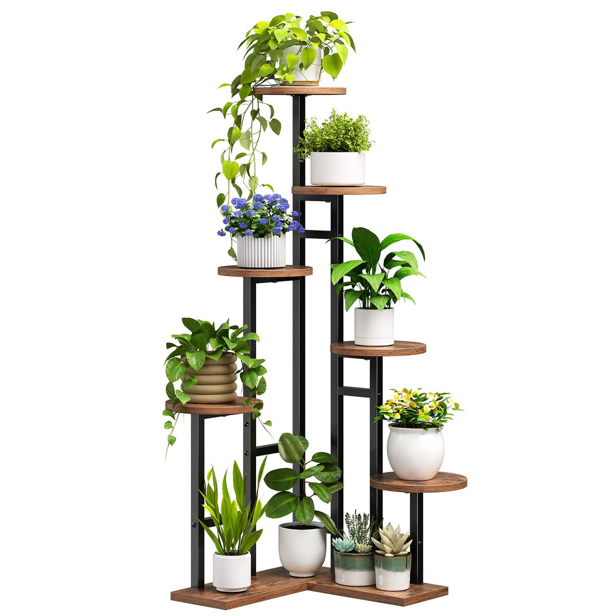 HOOBRO corner plant stand 7-tier angle view showcasing lush plants and space-saving corner design.