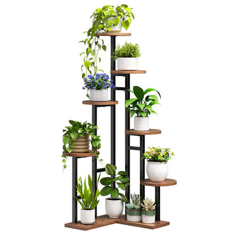 HOOBRO corner plant stand 7-tier angle view showcasing lush plants and space-saving corner design.