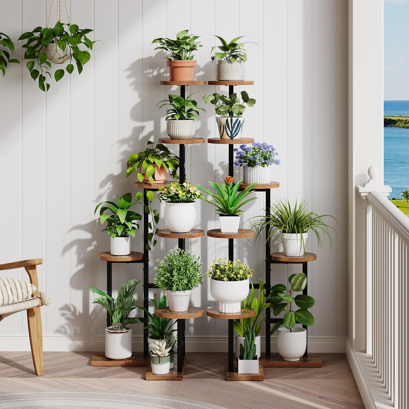 HOOBRO corner-fit plant shelf displaying plants on a compact living room corner.