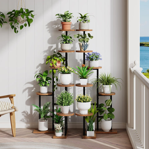 HOOBRO corner-fit plant shelf displaying plants on a compact living room corner.