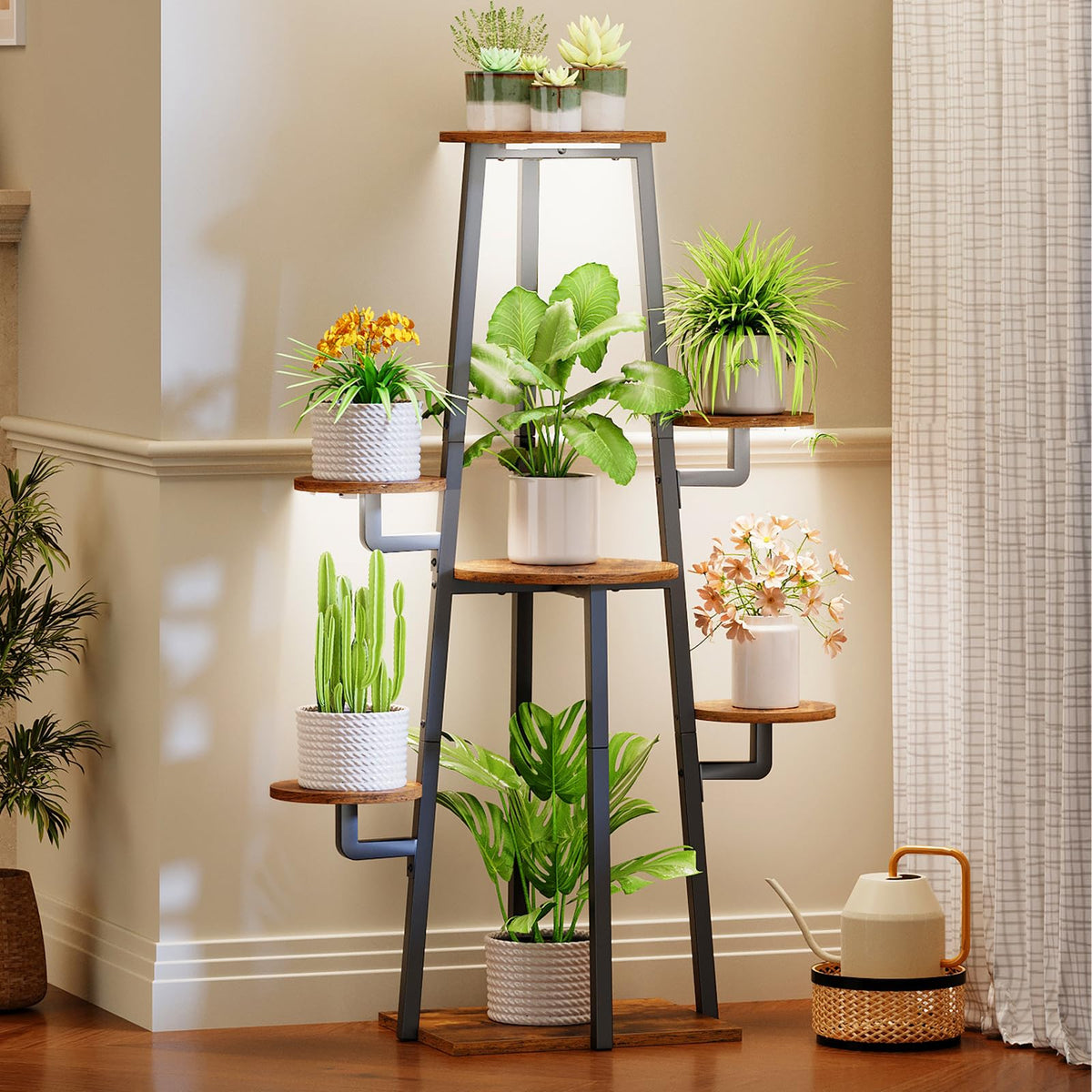 HOOBRO plant stand with grow lights, front view showing lush indoor display