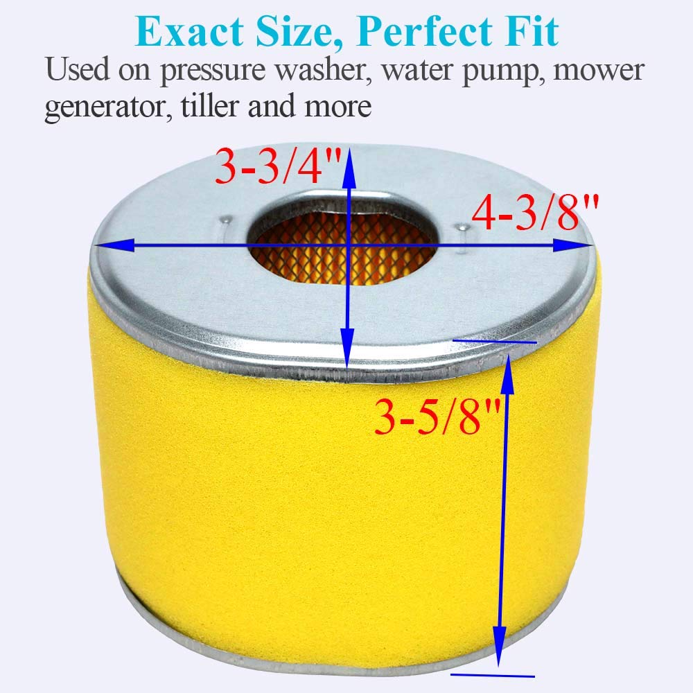 Shows the 4-3/8 by 3-3/4 by 3-5/8 inch filter size for GX390 engines