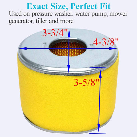 Shows the 4-3/8 by 3-3/4 by 3-5/8 inch filter size for GX390 engines