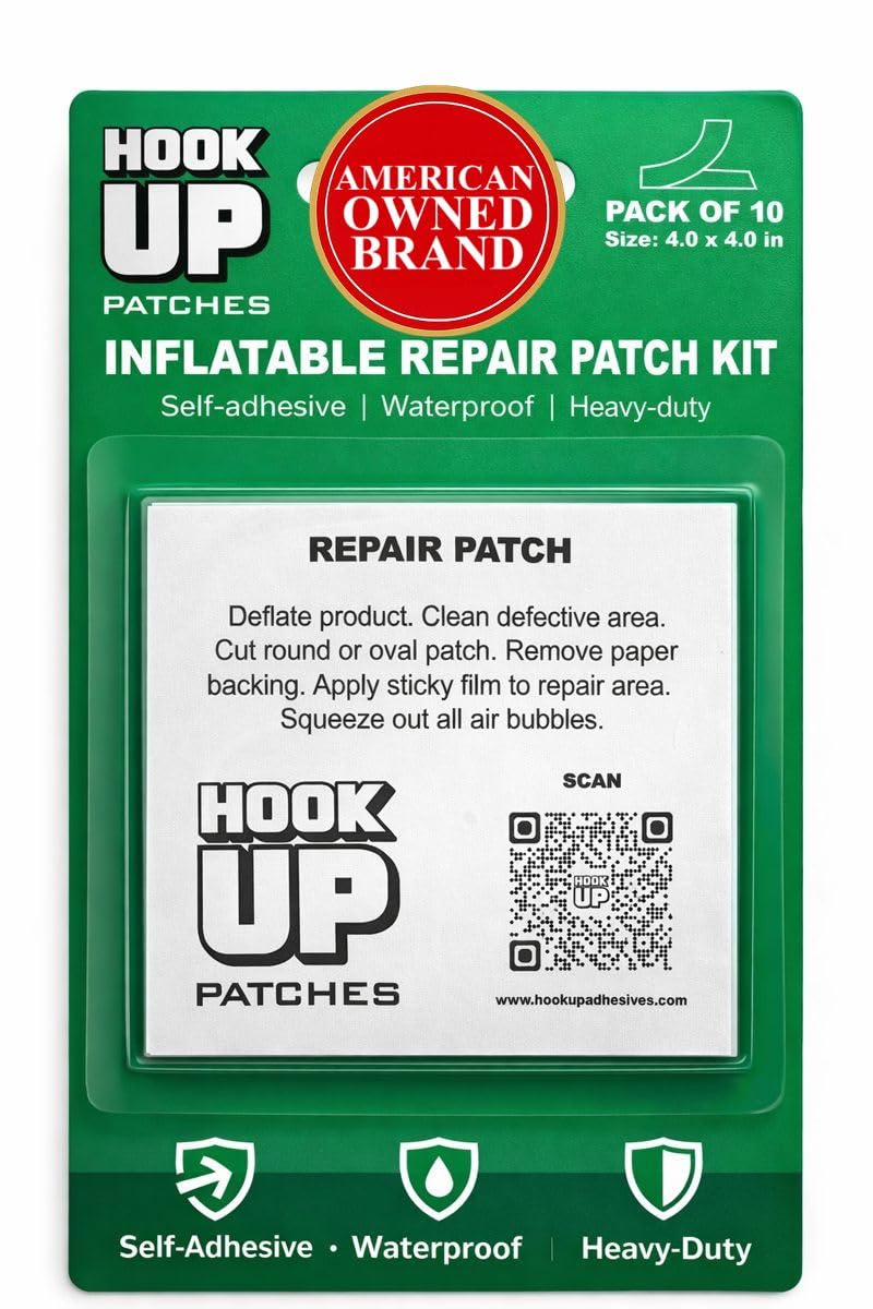 HOOK UP inflatable patches 10-pack displayed for versatile repairs on pools and inflatables.