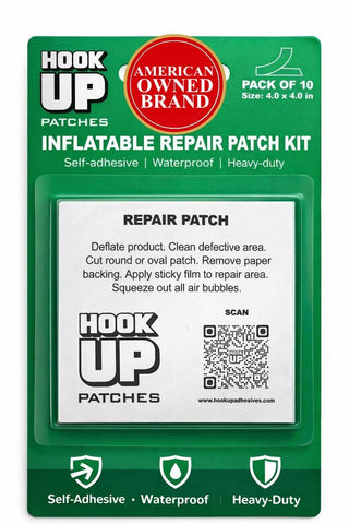 HOOK UP inflatable patches 10-pack displayed for versatile repairs on pools and inflatables.