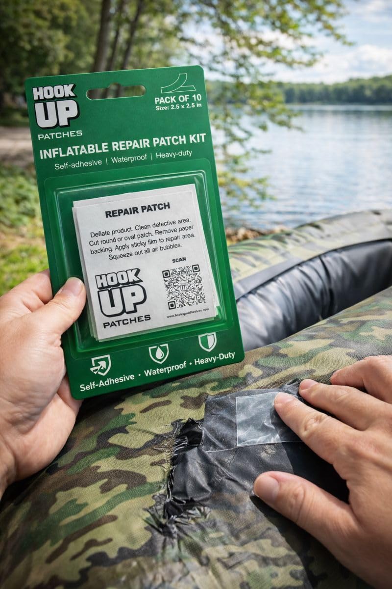HOOK UP patch on an air mattress corner shows two-size option for precise repair.