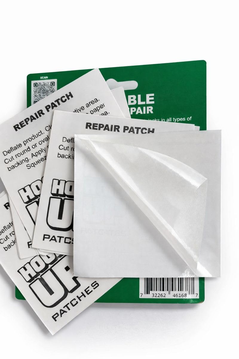 HOOK UP repair patch applying to a pool float demonstrates easy no-glue fix.