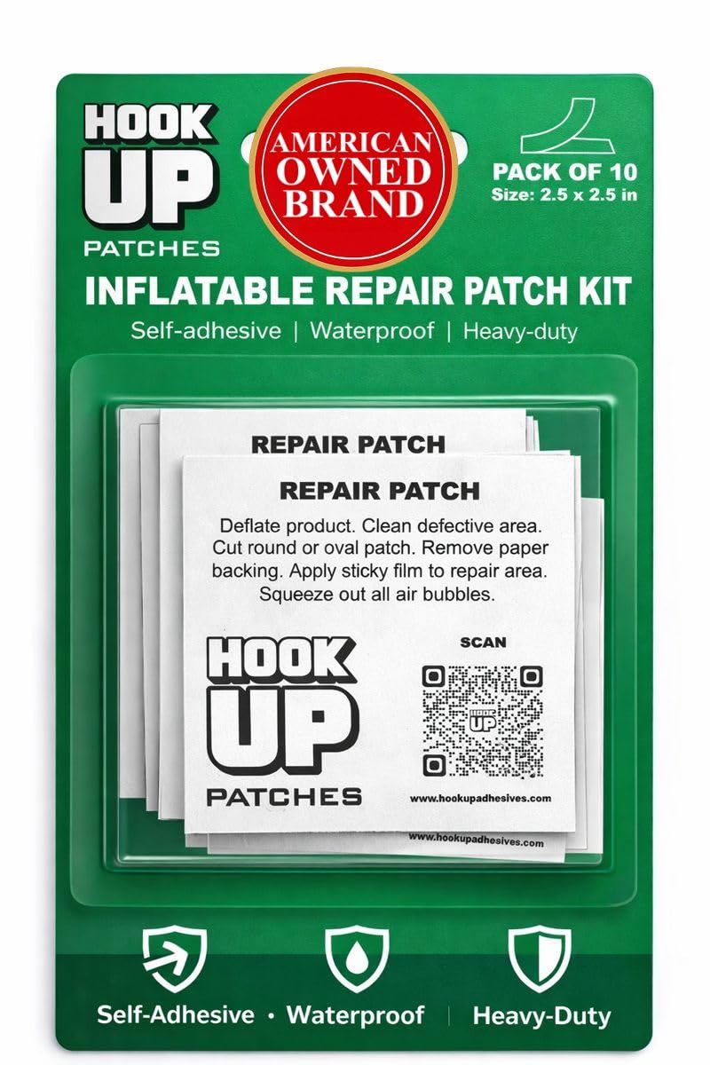 HOOK UP inflatable patch closeup highlighting heavy-duty adhesive for durable repairs.