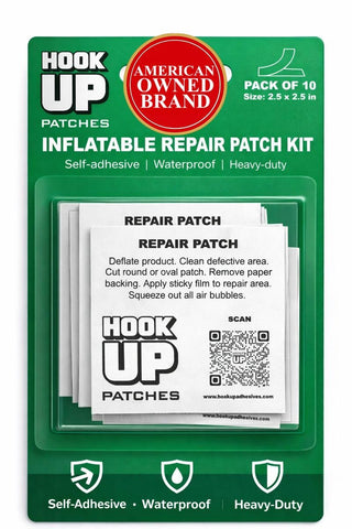 HOOK UP inflatable patch closeup highlighting heavy-duty adhesive for durable repairs.