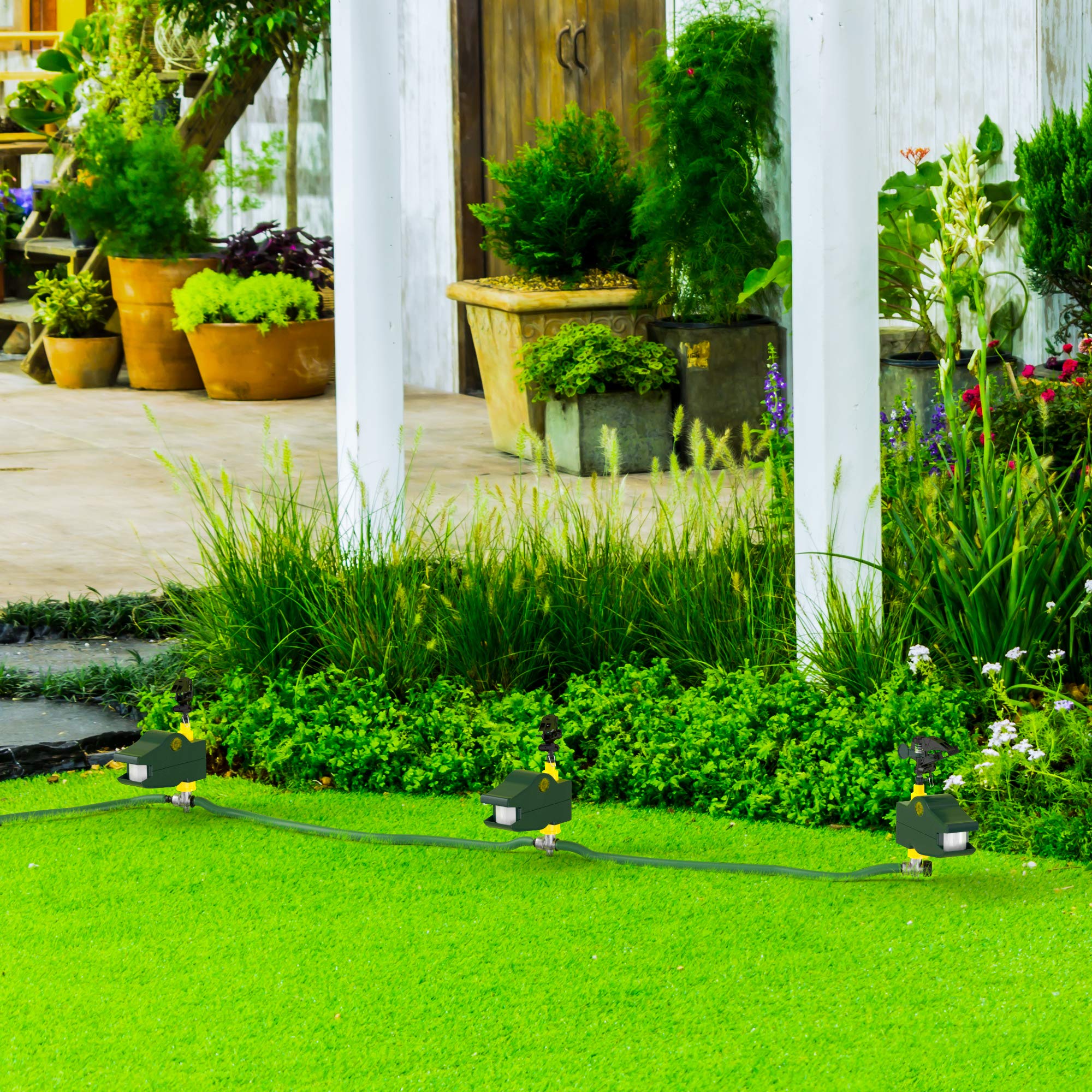 Hoont yard rabbit-deterrent sprinkler guarding flower beds