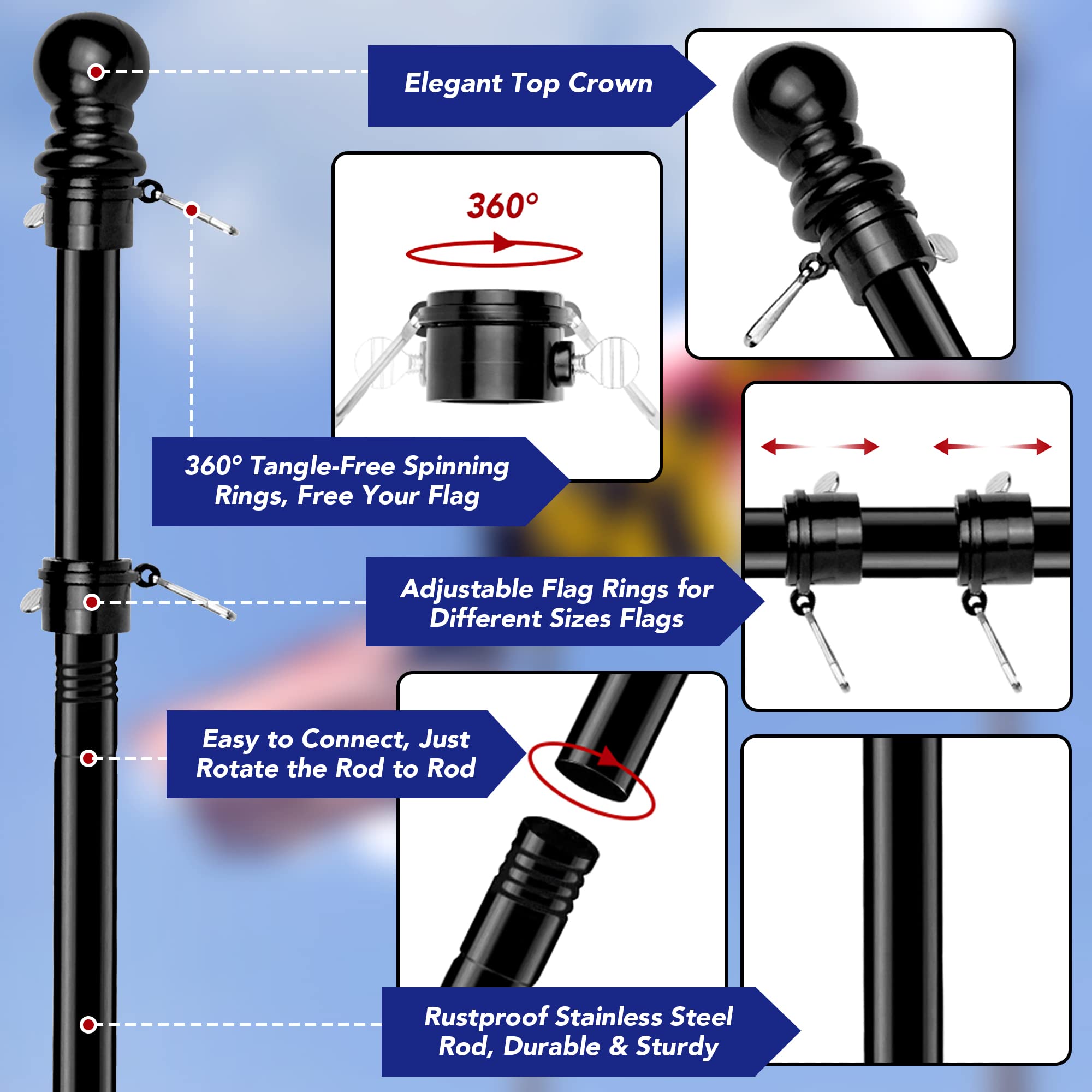 Hoople 360° rotating rings prevent tangling during windy display
